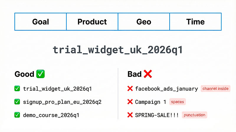 Campaign naming recipe (good vs bad)