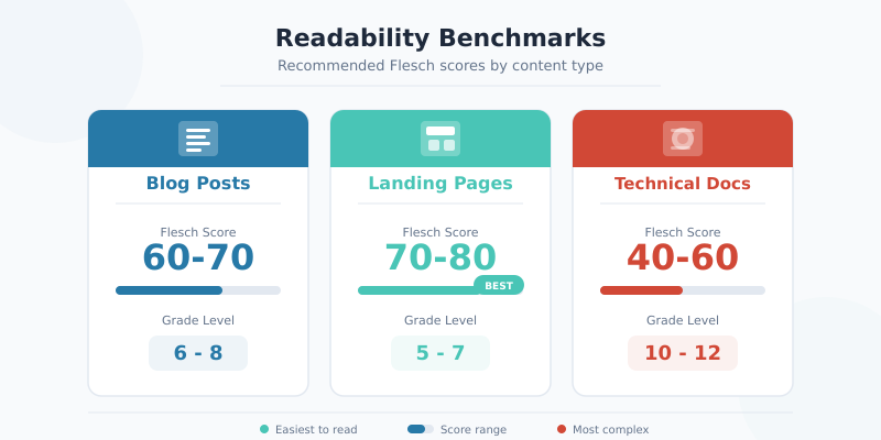 Content readability benchmarks by industry showing recommended Flesch scores and reading levels