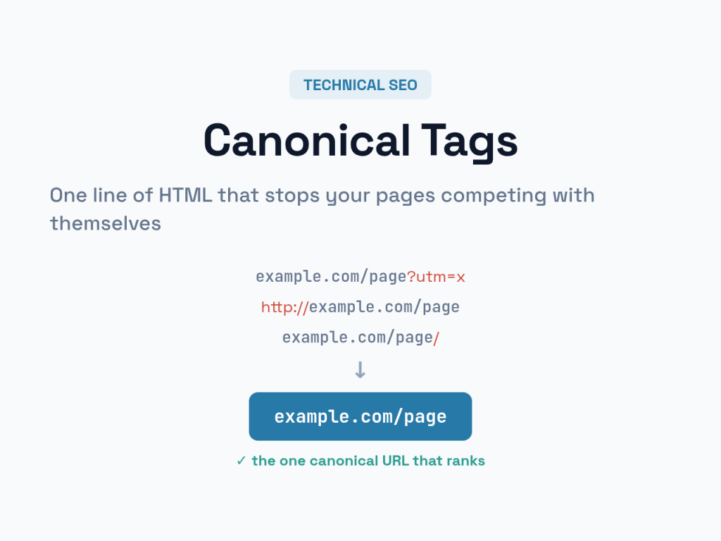 Canonical tags consolidate duplicate URLs into one ranking version